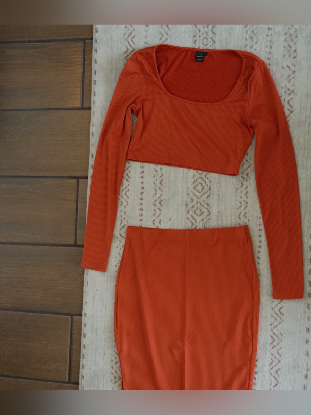 SHEIN Orange Ribbed Long Sleeve Crop Top & Skirt Set